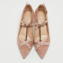 Pre Owned Casadei Pink Suede Chain T-Strap Bow Pointed Toe Pumps Size 37