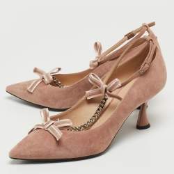 Pre Owned Casadei Pink Suede Chain T-Strap Bow Pointed Toe Pumps Size 37