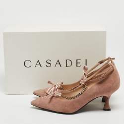 Pre Owned Casadei Pink Suede Chain T-Strap Bow Pointed Toe Pumps Size 37