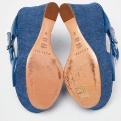 Pre Owned Casadei Blue Patent Leather Wedge Platform Slide Sandals Size 38