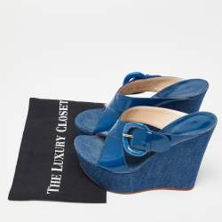 Pre Owned Casadei Blue Patent Leather Wedge Platform Slide Sandals Size 38