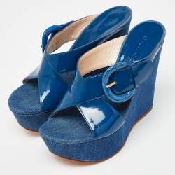 Pre Owned Casadei Blue Patent Leather Wedge Platform Slide Sandals Size 38