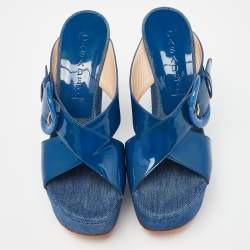 Pre Owned Casadei Blue Patent Leather Wedge Platform Slide Sandals Size 38