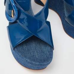 Pre Owned Casadei Blue Patent Leather Wedge Platform Slide Sandals Size 38
