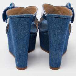 Pre Owned Casadei Blue Patent Leather Wedge Platform Slide Sandals Size 38