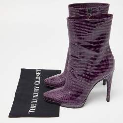 Pre Owned Casadei Purple Croc Embossed Patent Leather Mid Calf Platform Boots Size 38.5