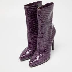 Pre Owned Casadei Purple Croc Embossed Patent Leather Mid Calf Platform Boots Size 38.5