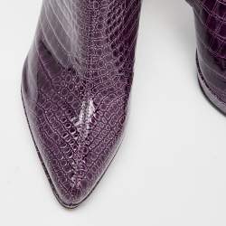 Pre Owned Casadei Purple Croc Embossed Patent Leather Mid Calf Platform Boots Size 38.5