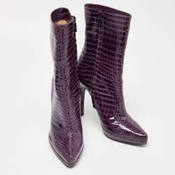 Pre Owned Casadei Purple Croc Embossed Patent Leather Mid Calf Platform Boots Size 38.5