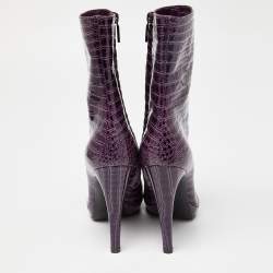 Pre Owned Casadei Purple Croc Embossed Patent Leather Mid Calf Platform Boots Size 38.5