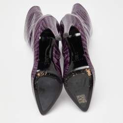 Pre Owned Casadei Purple Croc Embossed Patent Leather Mid Calf Platform Boots Size 38.5