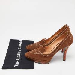 Pre Owned Casadei Brown Suede Platform Loafer Pumps Size 37