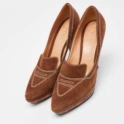 Pre Owned Casadei Brown Suede Platform Loafer Pumps Size 37