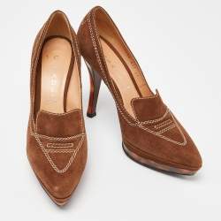 Pre Owned Casadei Brown Suede Platform Loafer Pumps Size 37