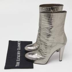 Pre Owned Casadei Silver Croc Embossed Leather Mid Calf Boots Size 38