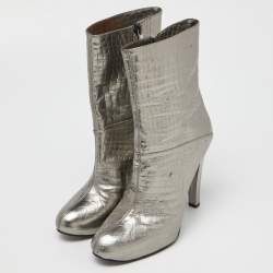 Pre Owned Casadei Silver Croc Embossed Leather Mid Calf Boots Size 38