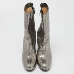 Pre Owned Casadei Silver Croc Embossed Leather Mid Calf Boots Size 38