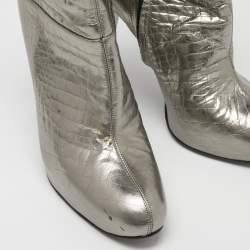 Pre Owned Casadei Silver Croc Embossed Leather Mid Calf Boots Size 38