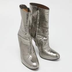 Pre Owned Casadei Silver Croc Embossed Leather Mid Calf Boots Size 38