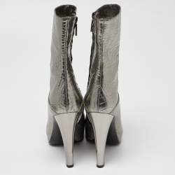 Pre Owned Casadei Silver Croc Embossed Leather Mid Calf Boots Size 38