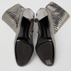 Pre Owned Casadei Silver Croc Embossed Leather Mid Calf Boots Size 38