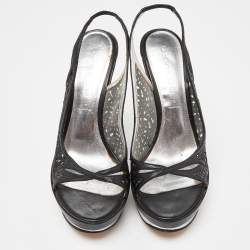 Pre Owned Casadei Black Laser Cut Leather Platform Slingback Sandals Size 37