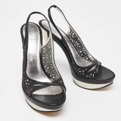 Pre Owned Casadei Black Laser Cut Leather Platform Slingback Sandals Size 37