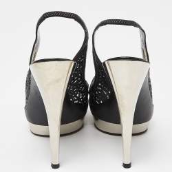 Pre Owned Casadei Black Laser Cut Leather Platform Slingback Sandals Size 37
