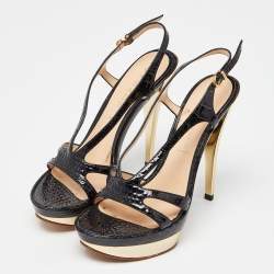 Pre Owned Casadei Black Croc Embossed Leather Ankle Strap Platform Sandals Size 38