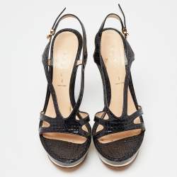 Pre Owned Casadei Black Croc Embossed Leather Ankle Strap Platform Sandals Size 38