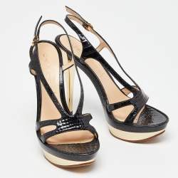 Pre Owned Casadei Black Croc Embossed Leather Ankle Strap Platform Sandals Size 38