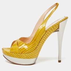 Casadei Yellow Croc Embossed Leather Cross Strap Platform Sandals Size 37