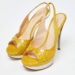 Casadei Yellow Croc Embossed Leather Cross Strap Platform Sandals Size 37