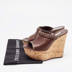 Pre Owned Casadei Brown Suede Cork Wedge Platform Slide Sandals Size 37