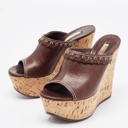 Pre Owned Casadei Brown Suede Cork Wedge Platform Slide Sandals Size 37
