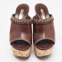 Pre Owned Casadei Brown Suede Cork Wedge Platform Slide Sandals Size 37