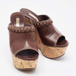 Pre Owned Casadei Brown Suede Cork Wedge Platform Slide Sandals Size 37