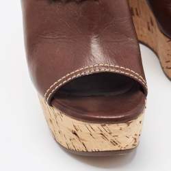 Pre Owned Casadei Brown Suede Cork Wedge Platform Slide Sandals Size 37