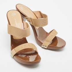 Pre Owned Casadei Beige/Brown Canvas Slide Sandals Size 38