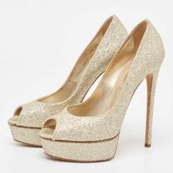 Pre Owned Casadei Gold Glitter Lamé Fabric Peep Toe Platform Pumps Size 39