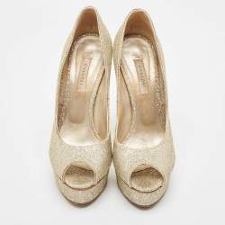 Pre Owned Casadei Gold Glitter Lamé Fabric Peep Toe Platform Pumps Size 39