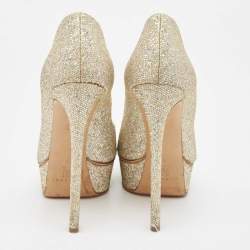 Casadei Gold Glitter Lamé Fabric Peep Toe Platform Pumps Size 39