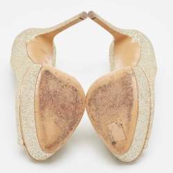 Pre Owned Casadei Gold Glitter Lamé Fabric Peep Toe Platform Pumps Size 39