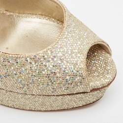 Pre Owned Casadei Gold Glitter Lamé Fabric Peep Toe Platform Pumps Size 39