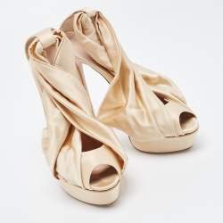 Pre Owned Casadei Metallic Beige Draped Satin Peep Toe Platform Pumps Size 38
