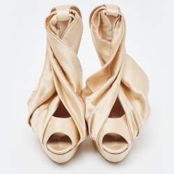 Pre Owned Casadei Metallic Beige Draped Satin Peep Toe Platform Pumps Size 38