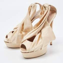 Pre Owned Casadei Metallic Beige Draped Satin Peep Toe Platform Pumps Size 38