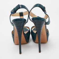 Casadei Green Croc Embossed Leather T-Bar Platform Ankle Strap Sandals Size 38 