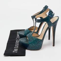 Casadei Green Croc Embossed Leather T-Bar Platform Ankle Strap Sandals Size 38 