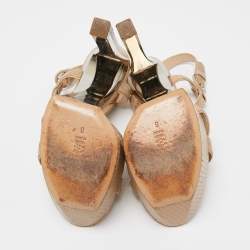 Pre Owned Casadei Beige Embossed Python Platform T-Strap Sandals Size 38